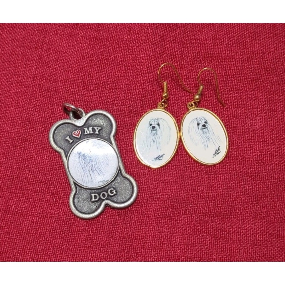 Vintage 90s Laura Rogers Dog Print Earrings & Dog Tag Pendant - Maltese